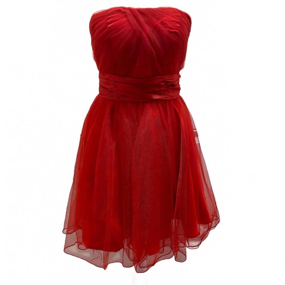 Dancing Queen Red Short Satin Tulle Coquette Dress w/ Back Lacings Strapless